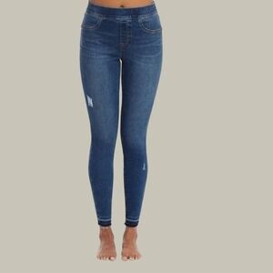 Spanx Distressed Skinny Ankle Jeans Women L Blue Raw Hem Stretch Hi Rise Pull On